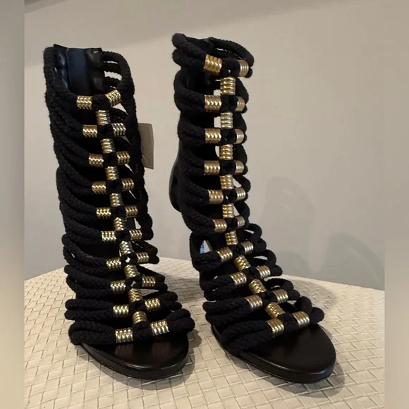 NEW WITH TAGS BALMAIN X H&M Black and Gold Rope Heels - Size 39 - Picture 14 of 16